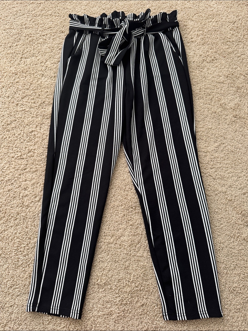Harper Black and White Vertical Stripe Paperbag Waist Trousers